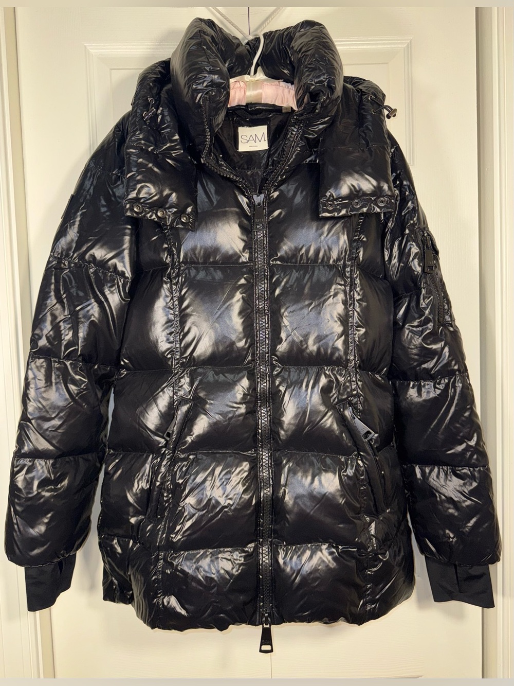 SAM. New York High Shine Goose Down Puffer Parka Black EUC No belt L runs small